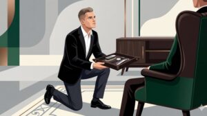 Стилизованная современная иллюстрация, символизирующая искусство служения и преданность в контексте мужской субмиссии.